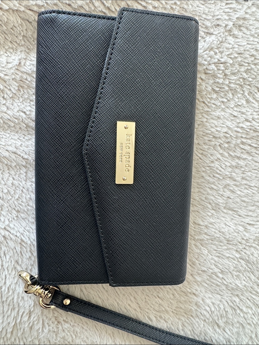 kate spade Black Saffiano Wristlet Clutch with Gold Plaque